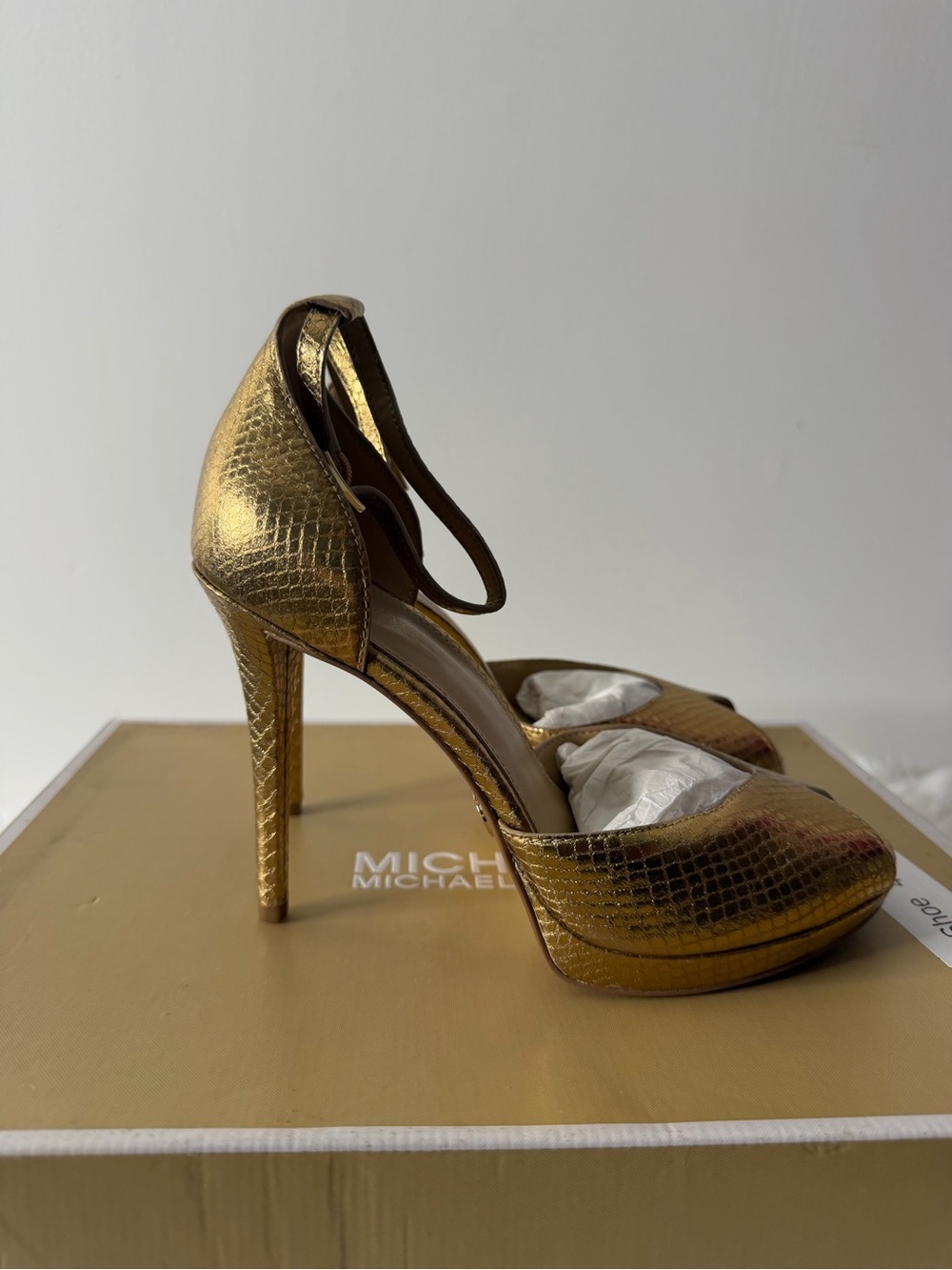 Michael Kors Metallic Gold Snake-Embossed Ankle-Strap Pumps